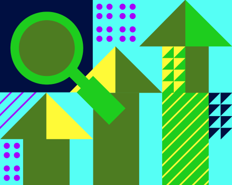 Abstrakte Grafik mit Lupe und drei ansteigenden Pfeilen als Symbol für Wachstum